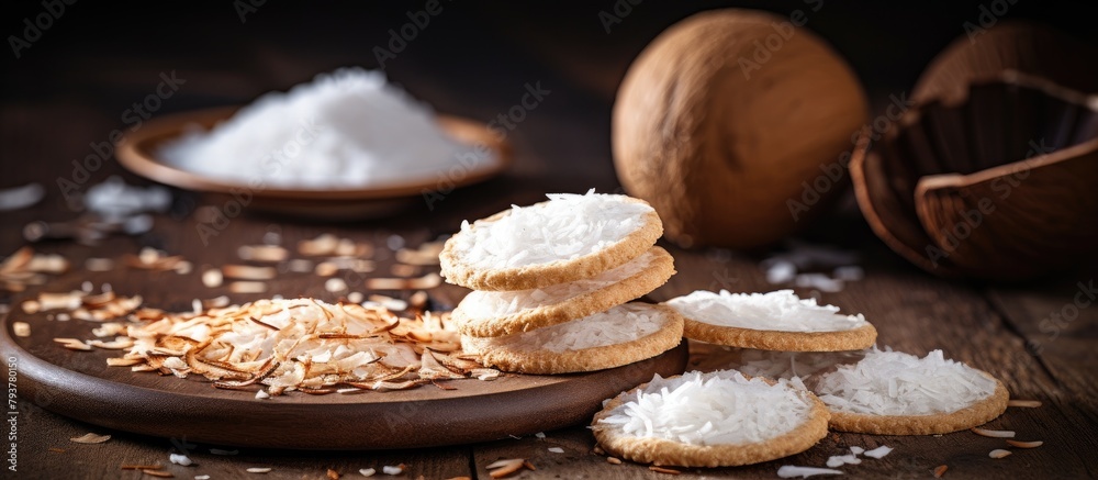 Poster Cookies topped with coconut flakes on a plate