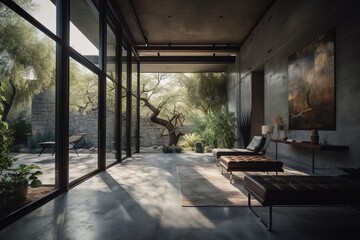 Serenity in the Desert: Modern Living Room with Furniture, Large Windows, and Desert View