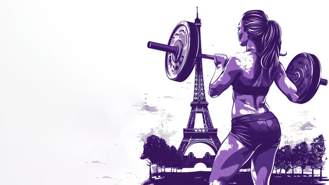 Purple illustration of weightlifter athlete at olympic by eiffel tower
