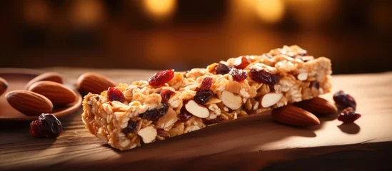 Poster Granola bar with nuts and cranberries on wooden surface © Ilgun