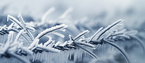 Snow-covered plants adorned with icicles - obrazy, fototapety, plakaty