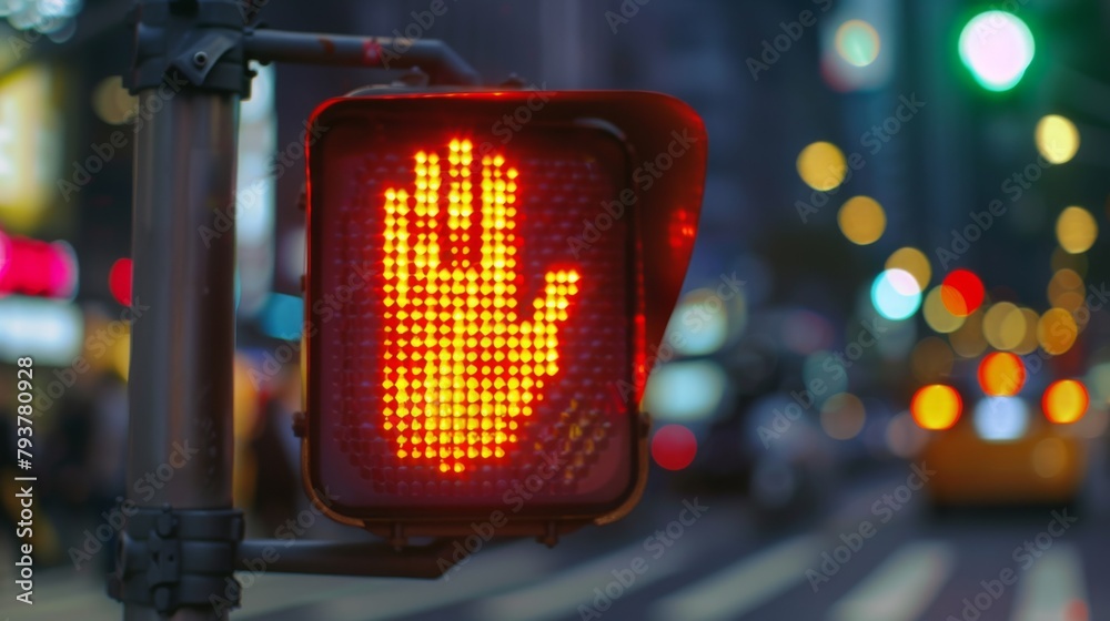 Poster close-up of a pedestrian crossing signal with a red hand, emphasizing safety and traffic regulations
