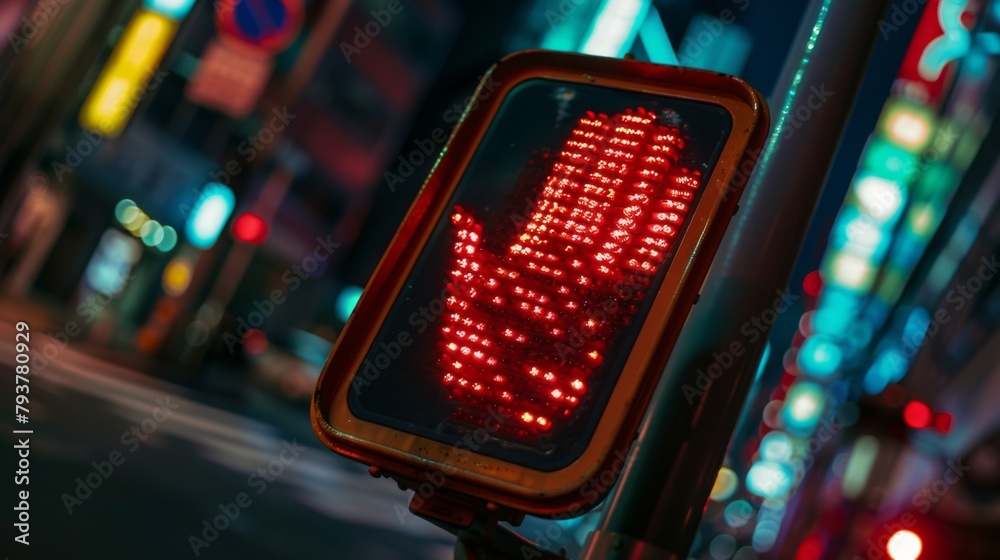 Poster close-up of a pedestrian crossing signal with a red hand, emphasizing safety and traffic regulations