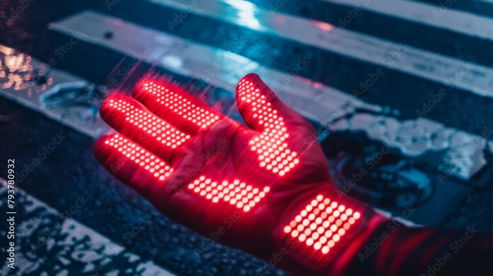 Poster close-up of a pedestrian crossing signal with a red hand, emphasizing safety and traffic regulations
