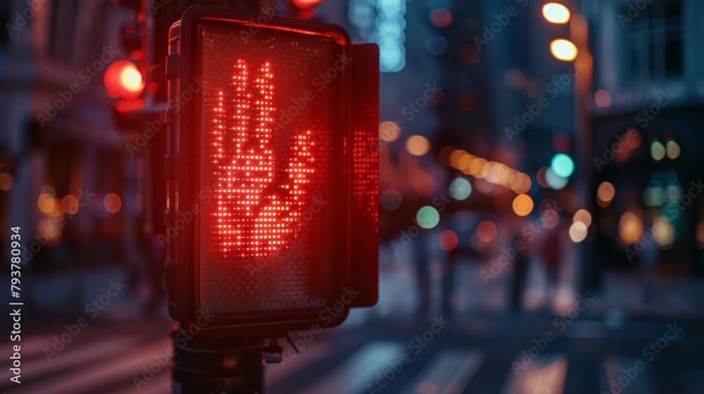 Poster close-up of a pedestrian crossing signal with a red hand, emphasizing safety and traffic regulations