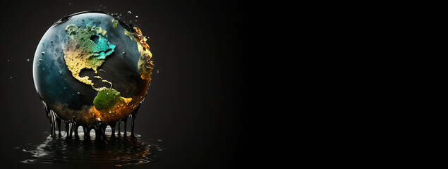 Concept of saving planet, miniature globe floats in oil, black background. AI generated.