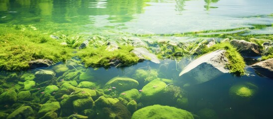 Rocks and grass by calm water