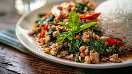 Close-up of a plate of Pad Kra Pao, a savory Thai basil stir-fry with minced meat or tofu, served with rice. - obrazy, fototapety, plakaty
