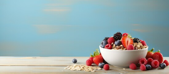 A bowl of muesli with fresh raspberries and oats - obrazy, fototapety, plakaty