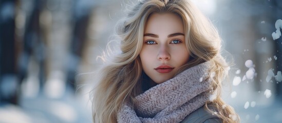 A woman in a jacket and scarf with long blonde hair - obrazy, fototapety, plakaty