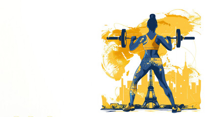 Yellow illustration of weightlifter athlete at olympic by eiffel tower