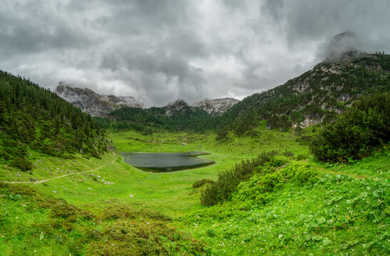 A view to the Berchtesgaden valley with lake and mountains 
