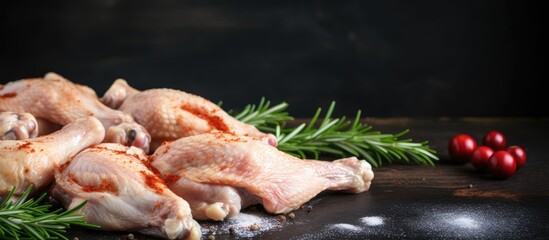 Raw chicken legs with rosemary and pepper on cutting board
