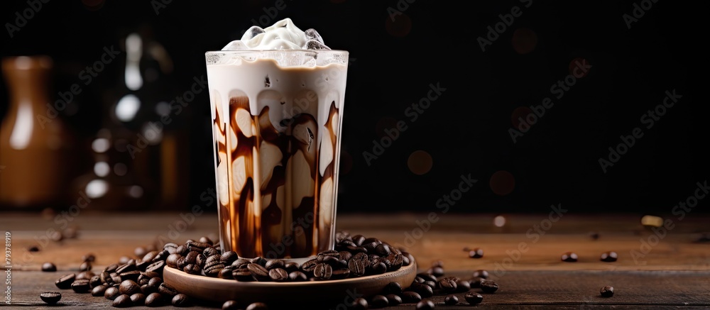 Poster Glass of iced coffee with whipped cream and chocolate syrup