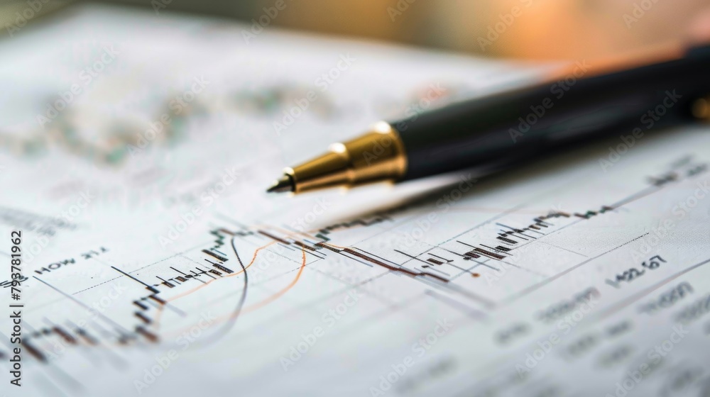 Leinwandbilder Close-up of a stock market graph printed on paper with a pen pointing at key data points, illustrating market analysis.