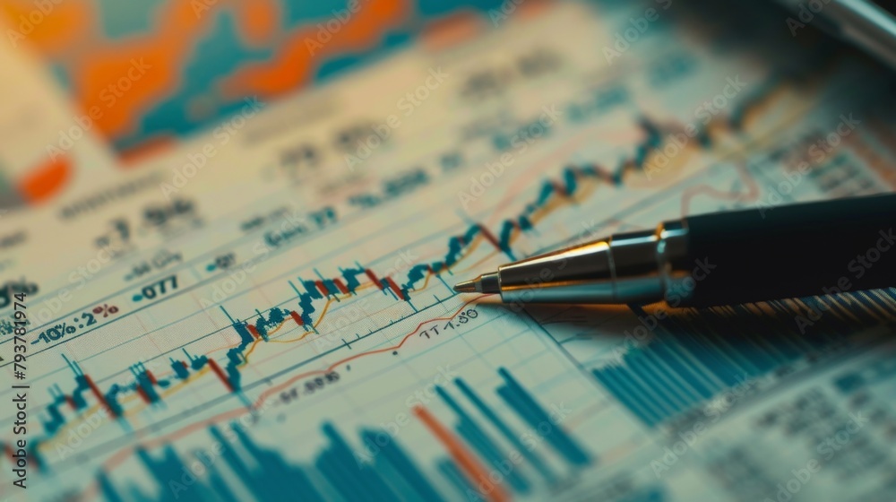 Poster Close-up of a stock market graph printed on paper with a pen pointing at key data points, illustrating market analysis.
