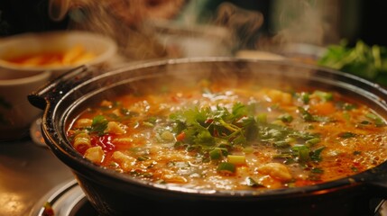 Close-up of a steaming bowl of aromatic Tom Yum soup, enticing viewers with its spicy and sour flavors.