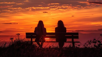 Fototapeta na wymiar Silhouettes of two friends on a bench, enjoying a sunset together on International Friendship Day