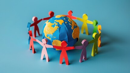 Hand-in-hand, paper figures around a globe embody global friendship and solidarity