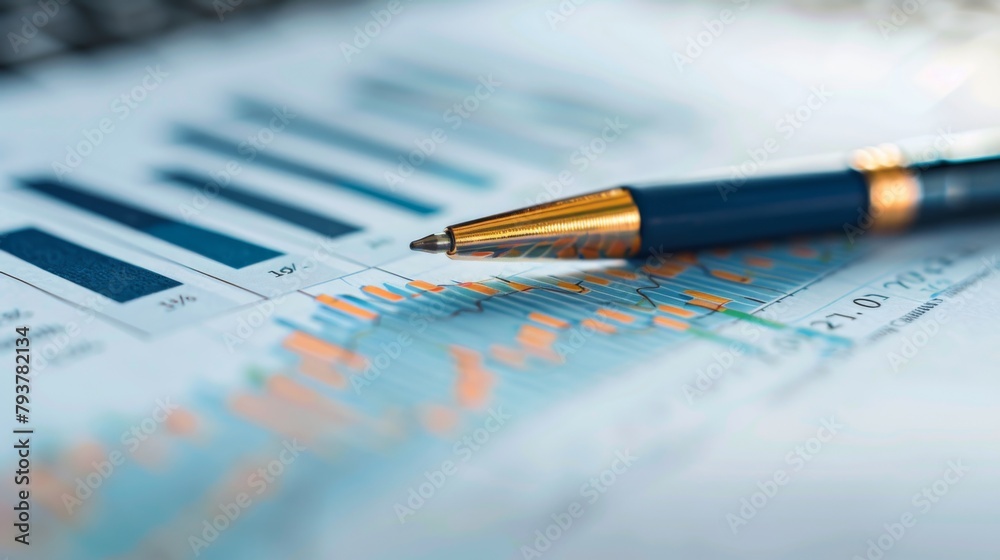 Fototapete close-up of a stock market graph printed on paper with a pen pointing at key data points, illustrati