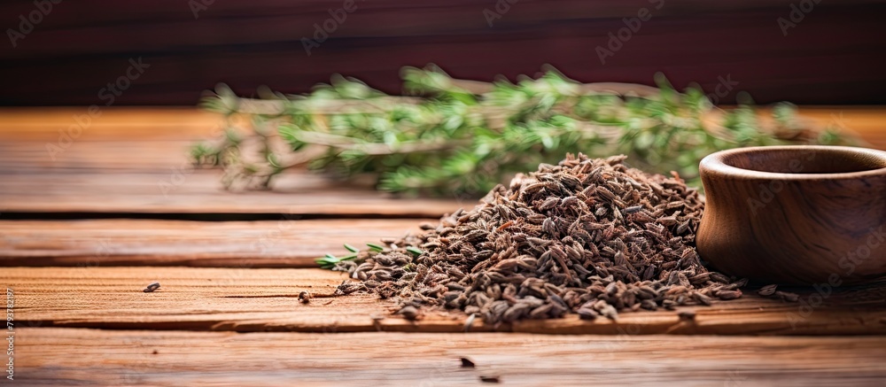 Poster Wooden bowl herbs cloves pile