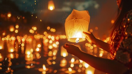 Close-up of a traditional Thai floating lantern being lit before release, a symbol of blessings and gratitude.