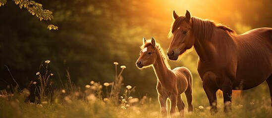 Two horses and foal in field