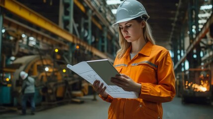 b'A female engineer wearing a hard hat and safety glasses reviews blueprints in a factory.'