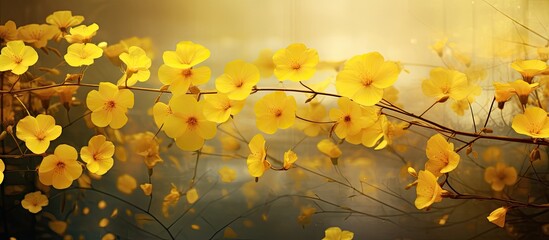 Yellow flowers in the sunlight on a tree branch