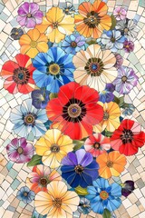 Fototapeta na wymiar A modern floral mosaic, vibrant flowers fitted together