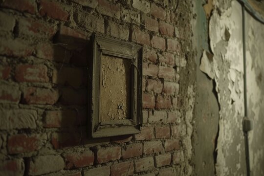 b'old picture frame on brick wall with peeling paint'