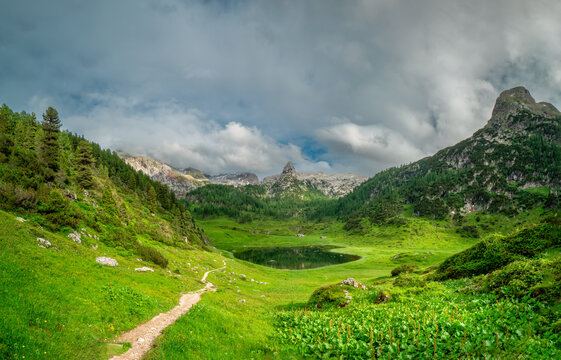 A view to the Berchtesgaden valley with lake and mountains 