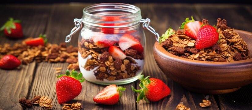 Bowl of Granola with Fresh Strawberries and Chocolate
