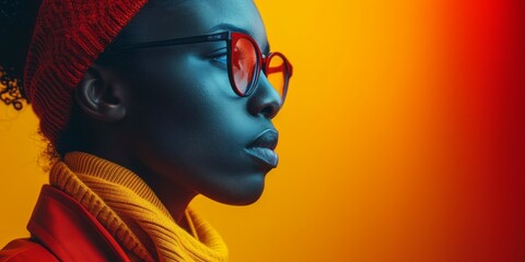 Close up portrait of beautiful african american woman in red coat and red sunglasses on orange background.