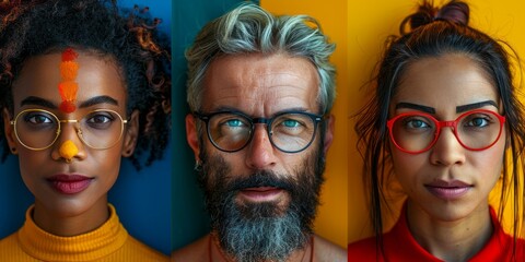 Group of people in front of a colorful background with different facial expressions
