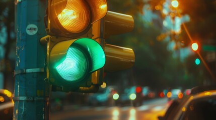 Close-up of a traffic light switching from green to yellow, signaling drivers to slow down and prepare to stop. - obrazy, fototapety, plakaty