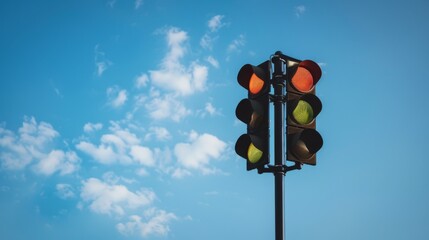 Close-up of a traffic signal pole against a blue sky, highlighting transportation infrastructure in urban areas.