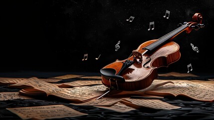 a violin with bow and several falling pages of sheet music on a black background, in a clipart style - obrazy, fototapety, plakaty