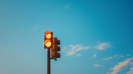 Close-up of a traffic signal pole against a blue sky, highlighting transportation infrastructure in urban areas.