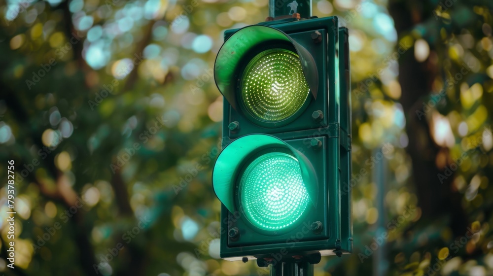 Poster close-up of a traffic signal showing green light, symbolizing go-ahead movement and traffic safety.