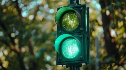 Close-up of a traffic signal showing green light, symbolizing go-ahead movement and traffic safety.