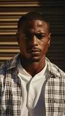 Fototapeta premium b'A portrait of a young African-American man wearing a plaid shirt and a white T-shirt'