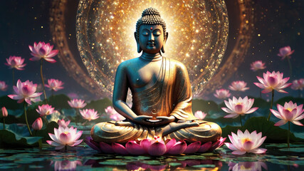 Day of Vesak that Buddha was born. meditating Buddha surrounded by lotus flowers. image exude peace and harmony, while lotuses symbolize his enlightened state
