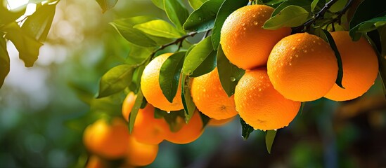 Many ripe oranges hang on a tree with lush green leaves - obrazy, fototapety, plakaty