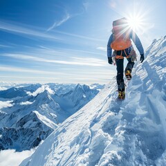 Naklejka na ściany i meble b'Mountaineer on the summit of a snow-capped mountain'