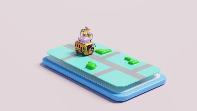 mobile phone, smartphone 3d with bus, luggage, map, building icon, location pin, GPS navigator, ferris wheel isolated on pink background. summer travel, delivery concept, 3d render illustration
