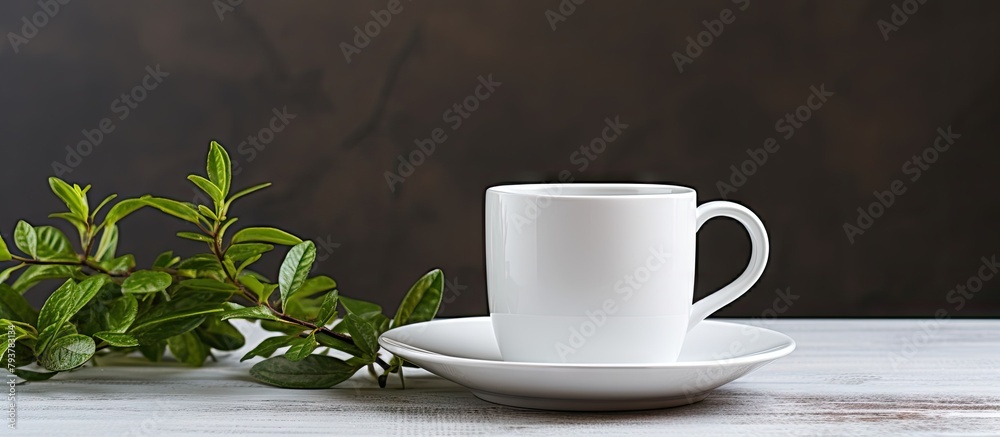 Wall mural White cup, saucer, table, plant