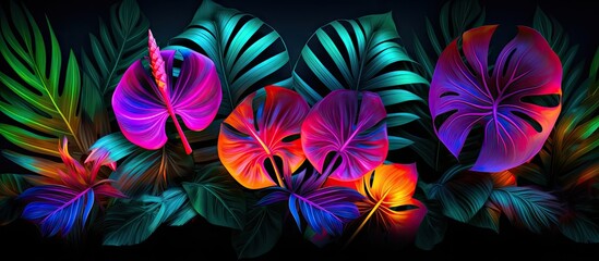 Fototapeta na wymiar Tropical plants with vibrant neon lights