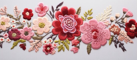 Close-up of pink floral embroidery on white