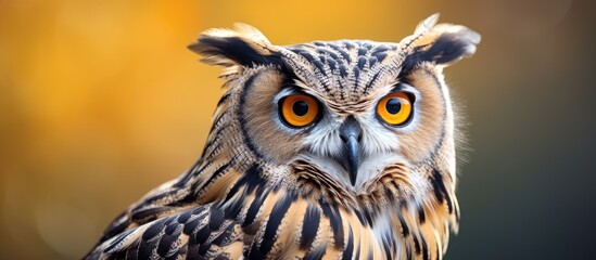 Owl perched on branch with striking orange and yellow eyes